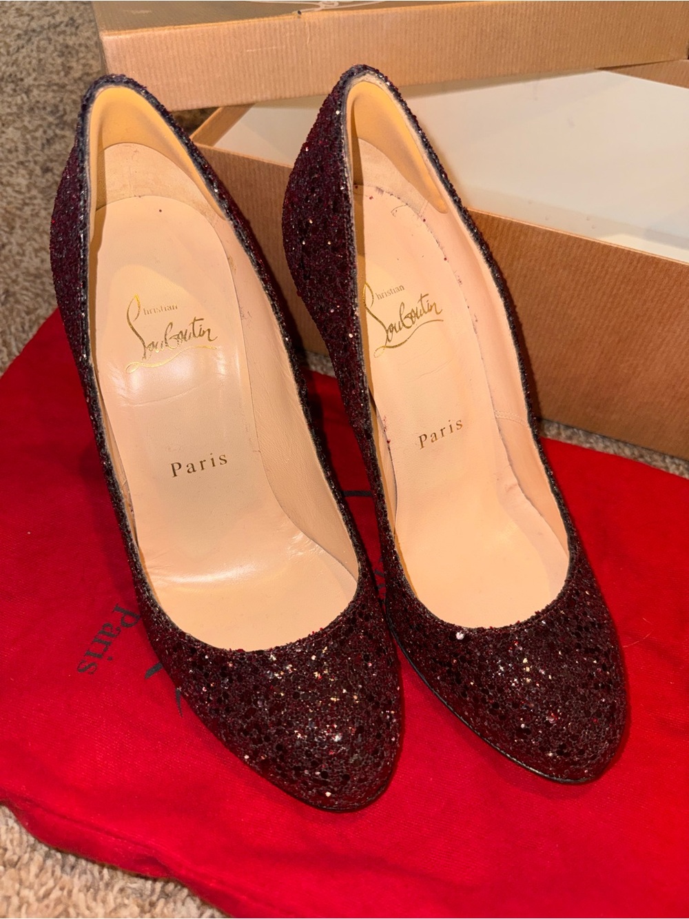 Christian Louboutin Wine Glitter Pointed Toe Pumps